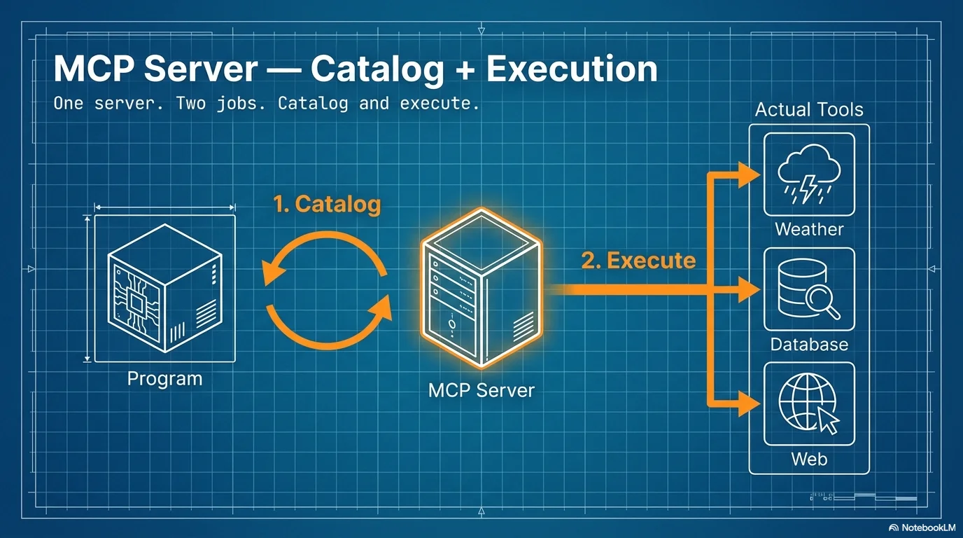 MCP Server: catalog + execution — Program asks, MCP returns tools, Program sends request, MCP executes