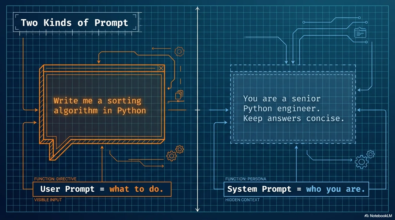 Two kinds of prompt: User Prompt (what to do now) and System Prompt (who you are)